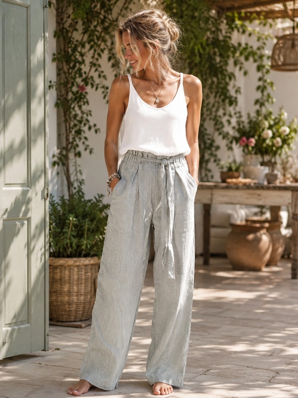 Light Gray Wide-Leg Linen-Blend Pants with Drawstring Waist